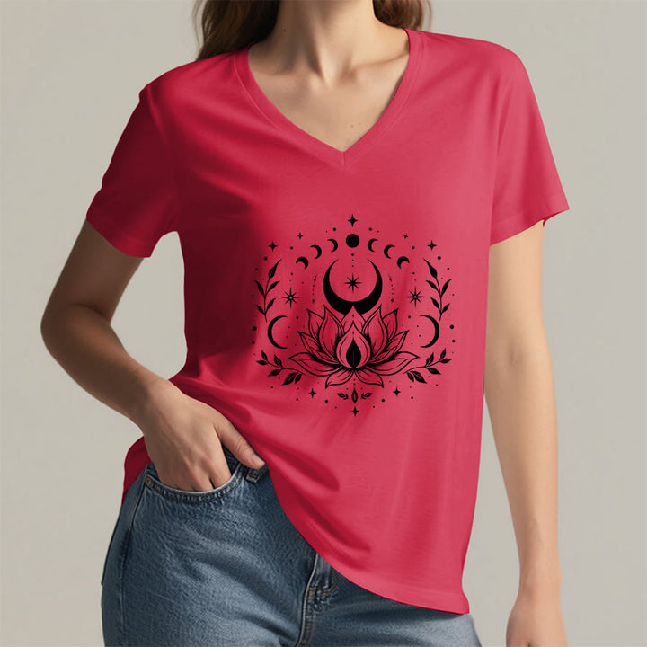 Olivenorma Front Back Dual Print Moon Lotus Spiritual Graphic Women's V Neck T-Shirt - image 48