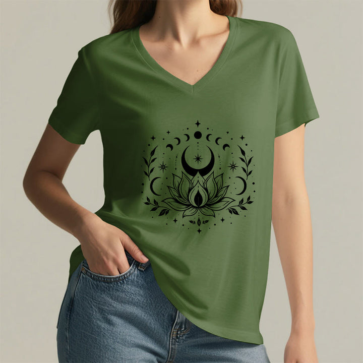 Olivenorma Front Back Dual Print Moon Lotus Spiritual Graphic Women's V Neck T-Shirt - image 13
