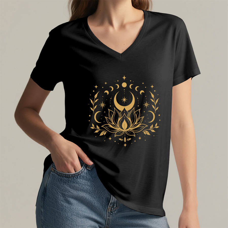 Olivenorma Front Back Dual Print Moon Lotus Spiritual Graphic Women's V Neck T-Shirt - image 33
