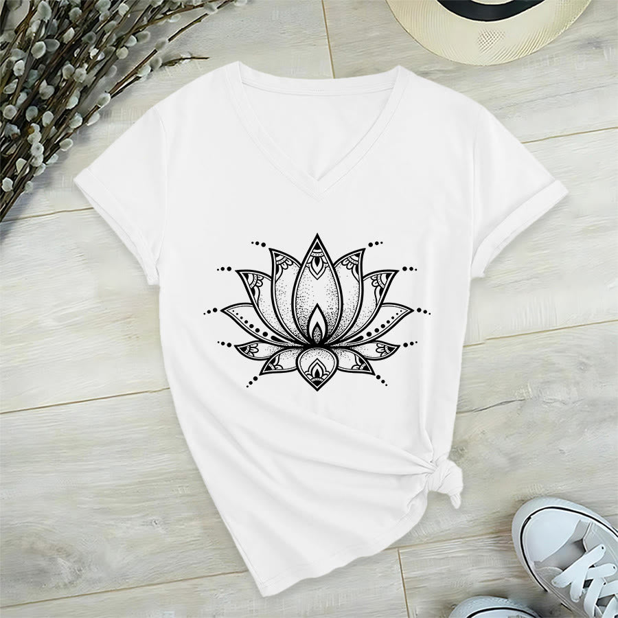 Olivenorma Minimal Outline Sacred Lotus Zen Graphic Women's V Neck T-Shirt - White - 2XL - image 24