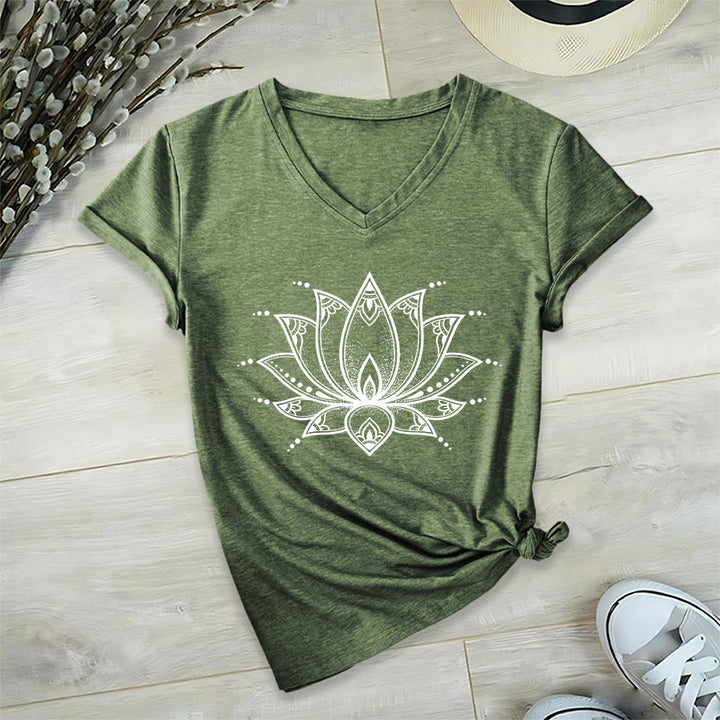 Olivenorma Minimal Outline Sacred Lotus Zen Graphic Women's V Neck T-Shirt - Olive Green - 2XL - image 0
