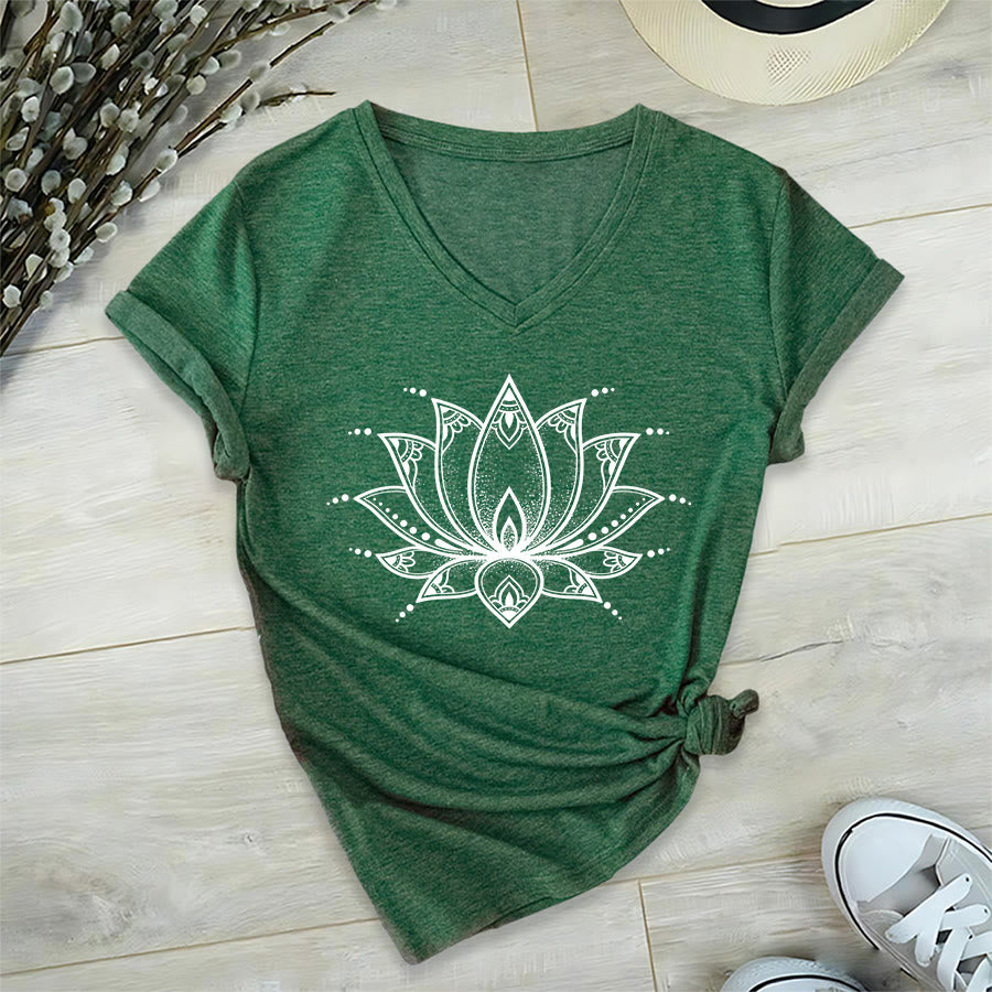 Olivenorma Minimal Outline Sacred Lotus Zen Graphic Women's V Neck T-Shirt - Dark Green - 2XL - image 6