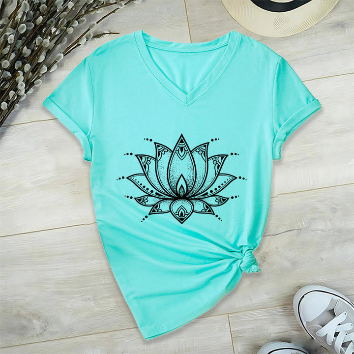 Olivenorma Minimal Outline Sacred Lotus Zen Graphic Women's V Neck T-Shirt - Lake Blue - 2XL - image 15