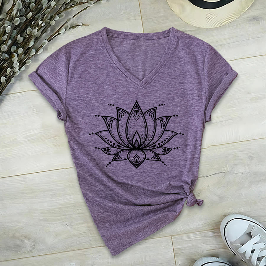 Olivenorma Minimal Outline Sacred Lotus Zen Graphic Women's V Neck T-Shirt - Purple - 2XL - image 36