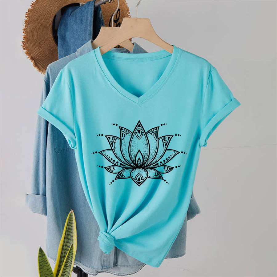 Olivenorma Minimal Outline Sacred Lotus Zen Graphic Women's V Neck T-Shirt - image 16