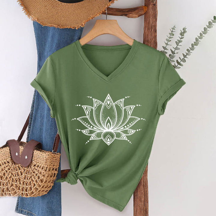Olivenorma Minimal Outline Sacred Lotus Zen Graphic Women's V Neck T-Shirt - image 1