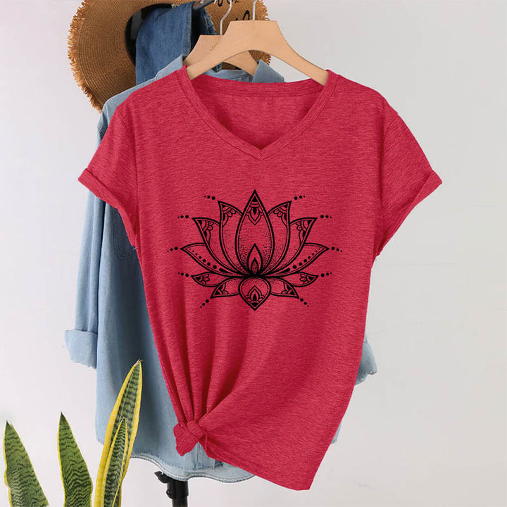 Olivenorma Minimal Outline Sacred Lotus Zen Graphic Women's V Neck T-Shirt - image 31