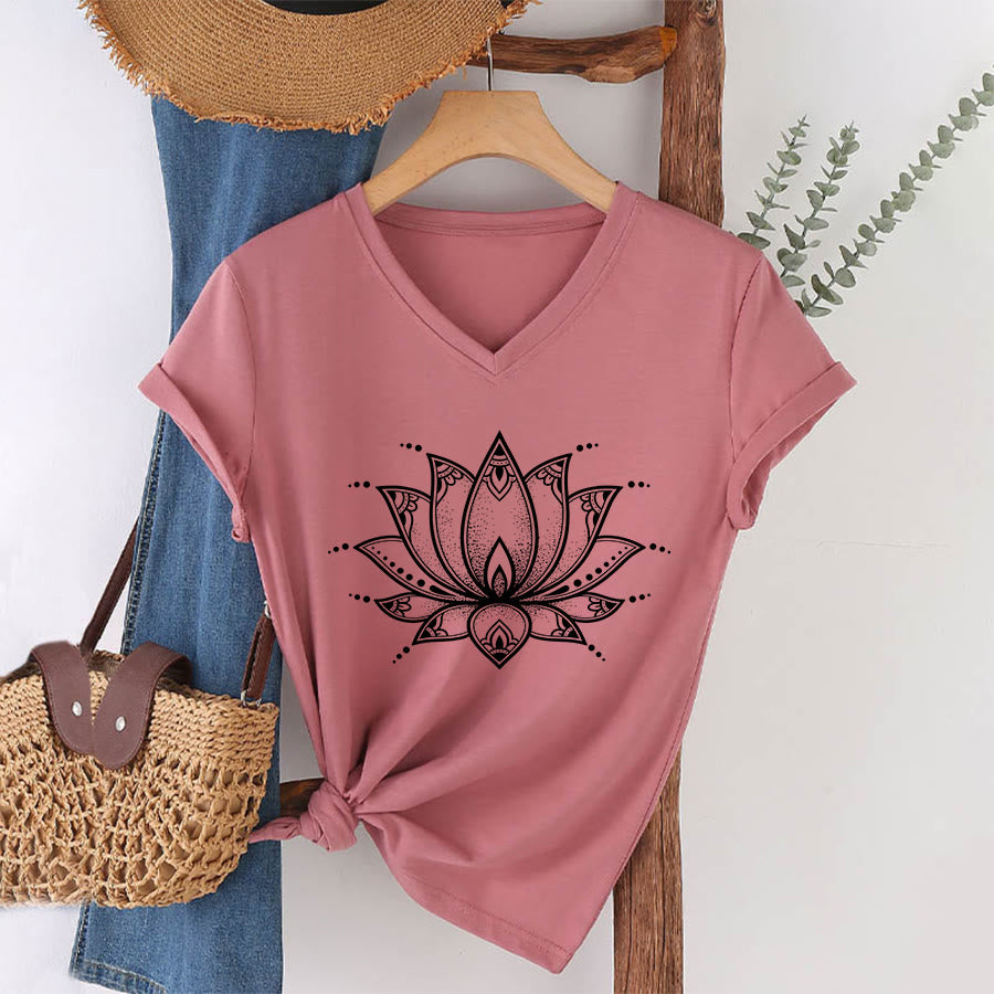 Olivenorma Minimal Outline Sacred Lotus Zen Graphic Women's V Neck T-Shirt - image 13