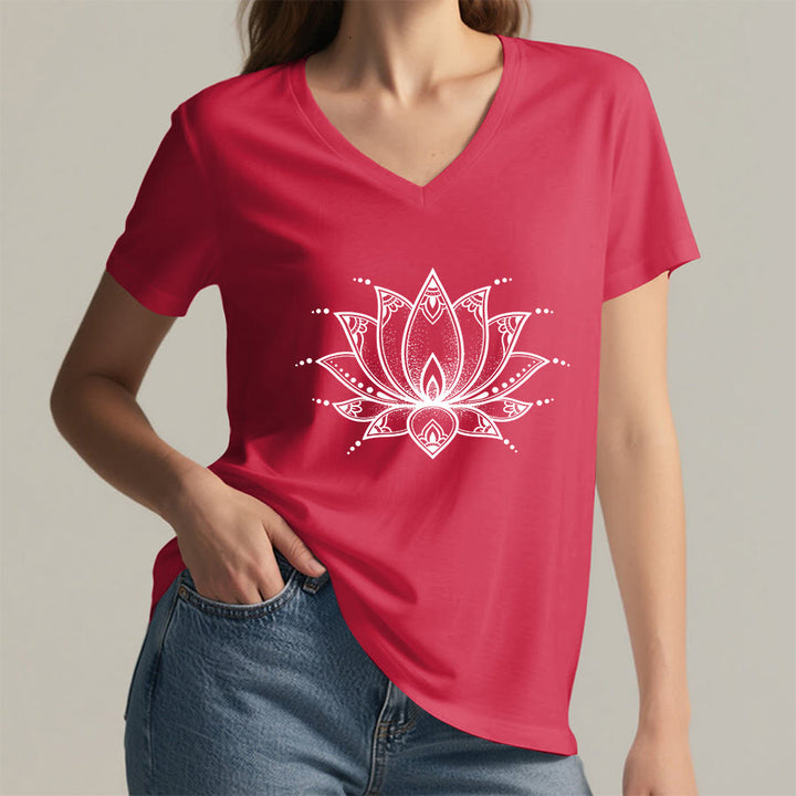 Olivenorma Minimal Outline Sacred Lotus Zen Graphic Women's V Neck T-Shirt - image 32