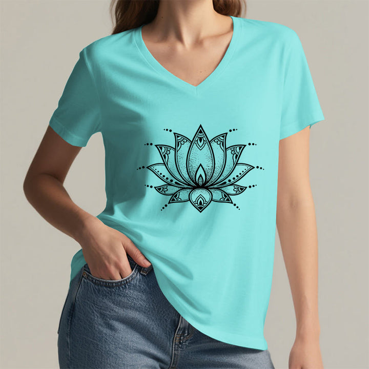 Olivenorma Minimal Outline Sacred Lotus Zen Graphic Women's V Neck T-Shirt - image 17
