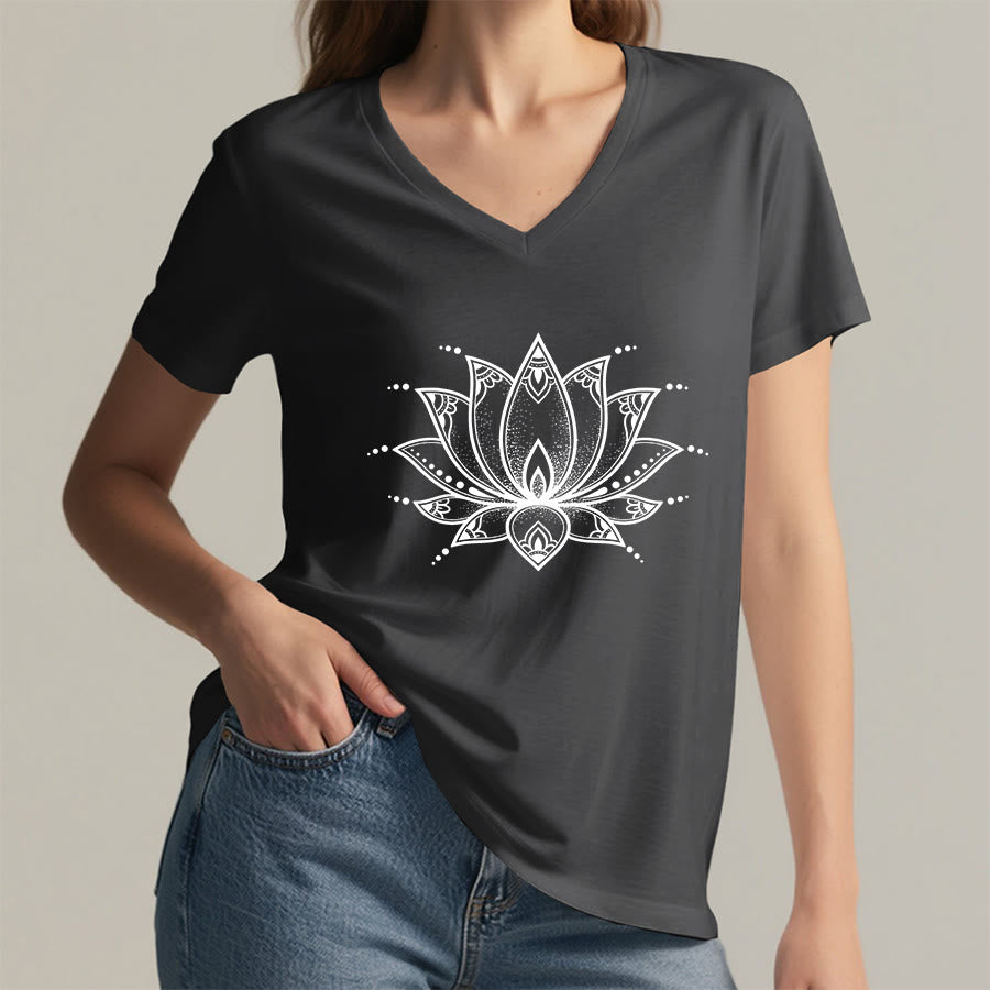 Olivenorma Minimal Outline Sacred Lotus Zen Graphic Women's V Neck T-Shirt - image 23