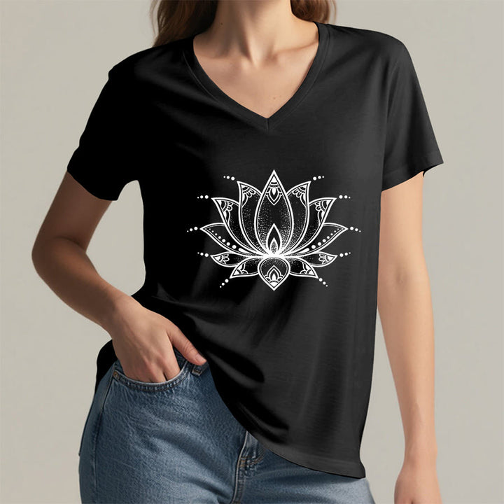 Olivenorma Minimal Outline Sacred Lotus Zen Graphic Women's V Neck T-Shirt - image 20