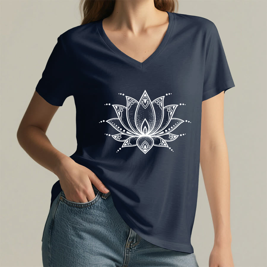Olivenorma Minimal Outline Sacred Lotus Zen Graphic Women's V Neck T-Shirt - image 29
