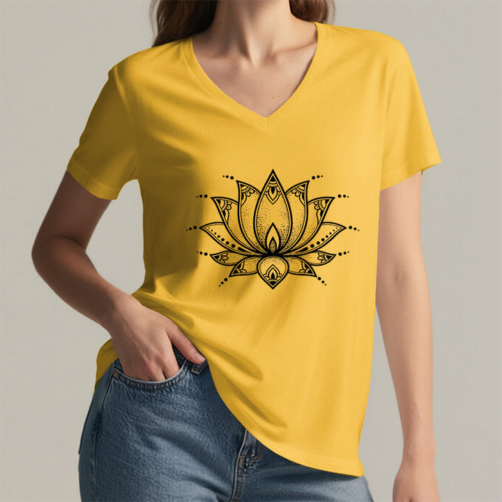Olivenorma Minimal Outline Sacred Lotus Zen Graphic Women's V Neck T-Shirt - image 5