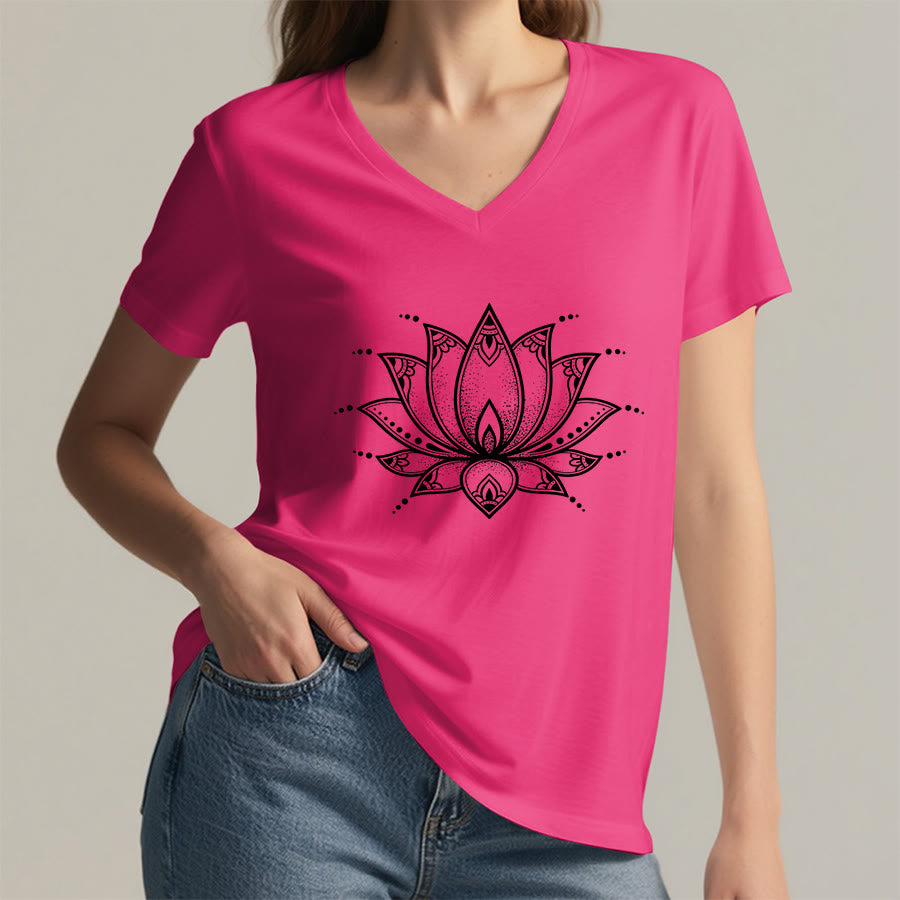 Olivenorma Minimal Outline Sacred Lotus Zen Graphic Women's V Neck T-Shirt - image 35