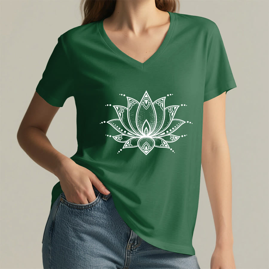 Olivenorma Minimal Outline Sacred Lotus Zen Graphic Women's V Neck T-Shirt - image 8
