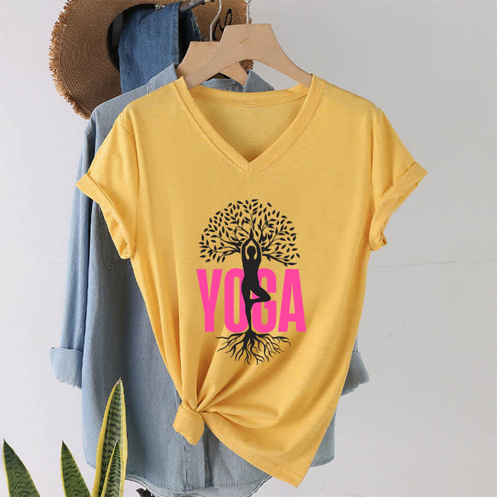 Olivenorma Yoga Figure Tree Of Life Bold Text Graphic Women's V Neck T-Shirt - Yellow - 2XL - image 31