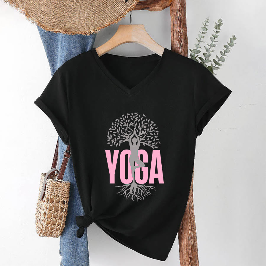 Olivenorma Yoga Figure Tree Of Life Bold Text Graphic Women's V Neck T-Shirt - Black - 2XL - image 19