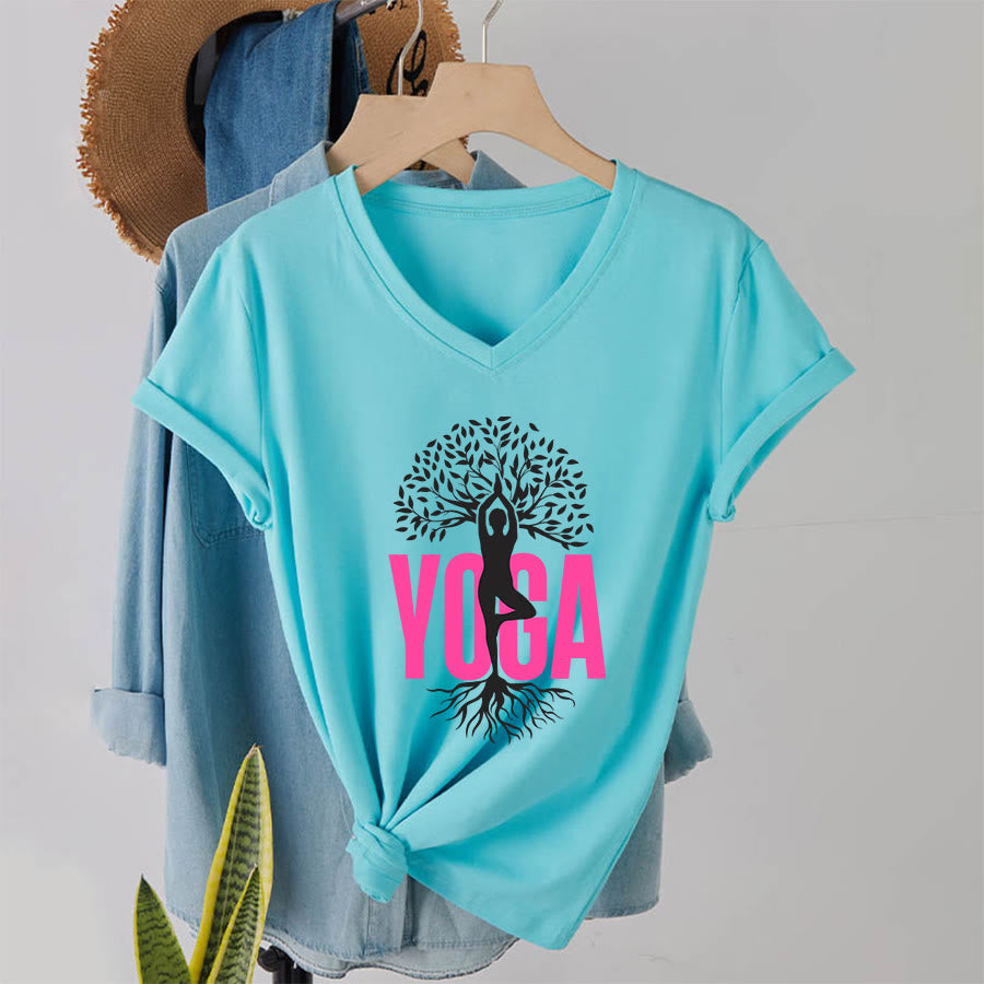 Olivenorma Yoga Figure Tree Of Life Bold Text Graphic Women's V Neck T-Shirt - Lake Blue - 2XL - image 16