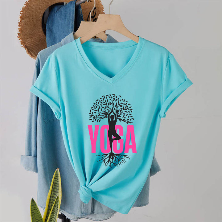 Olivenorma Yoga Figure Tree Of Life Bold Text Graphic Women's V Neck T-Shirt - Lake Blue - 2XL - image 16