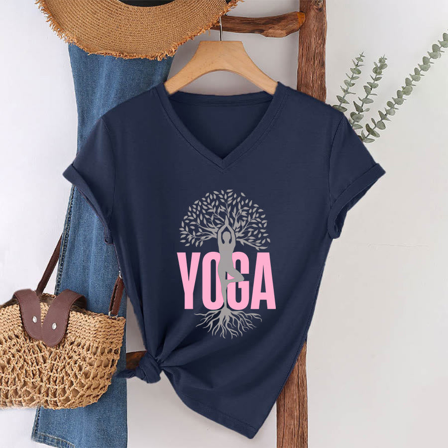 Olivenorma Yoga Figure Tree Of Life Bold Text Graphic Women's V Neck T-Shirt - Navy Blue - 2XL - image 25