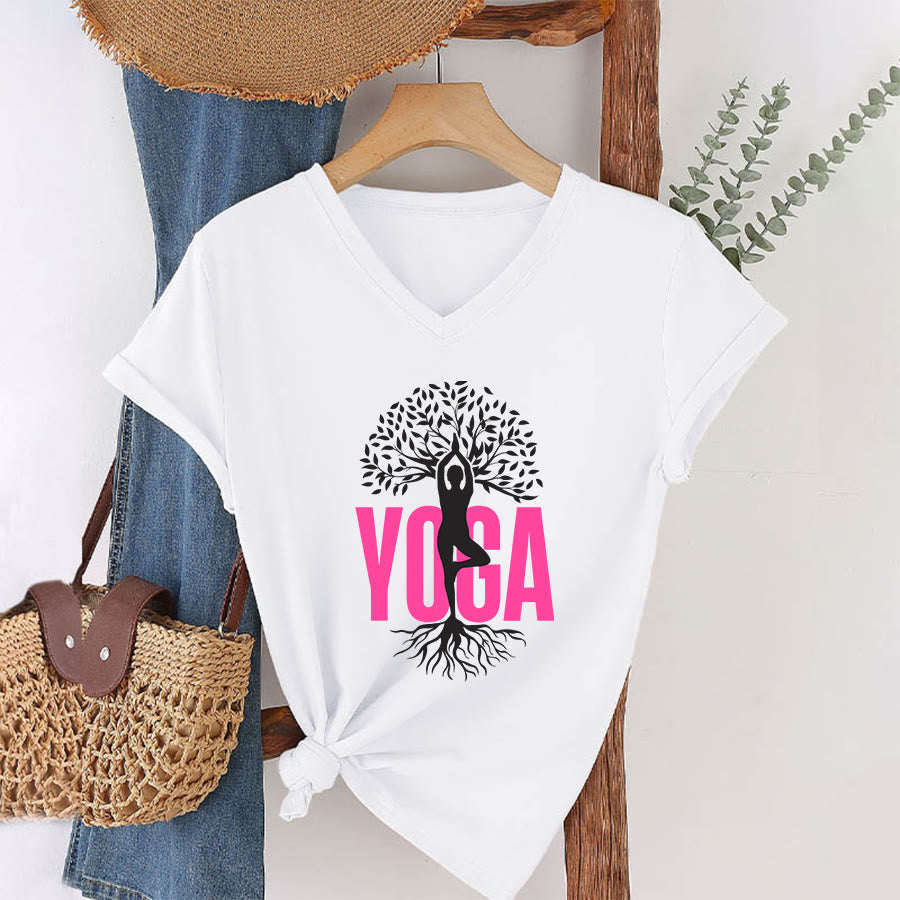 Olivenorma Yoga Figure Tree Of Life Bold Text Graphic Women's V Neck T-Shirt - White - 2XL - image 1
