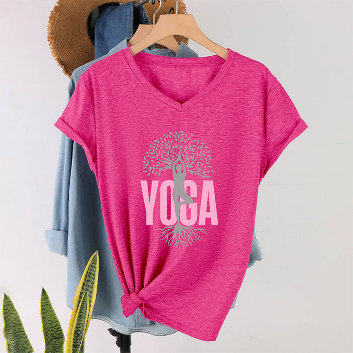 Olivenorma Yoga Figure Tree Of Life Bold Text Graphic Women's V Neck T-Shirt - Rose Red - 2XL - image 34