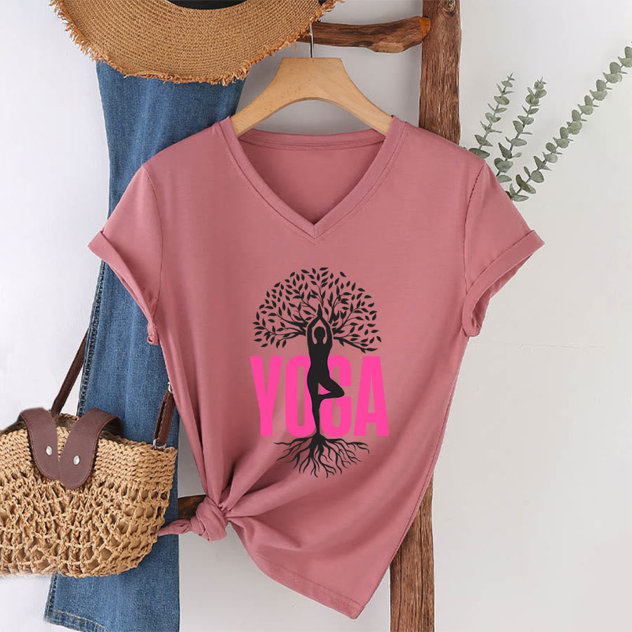 Olivenorma Yoga Figure Tree Of Life Bold Text Graphic Women's V Neck T-Shirt - Pink - 2XL - image 13