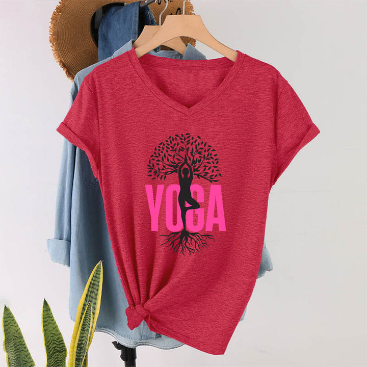 Olivenorma Yoga Figure Tree Of Life Bold Text Graphic Women's V Neck T-Shirt - Red - 2XL - image 28