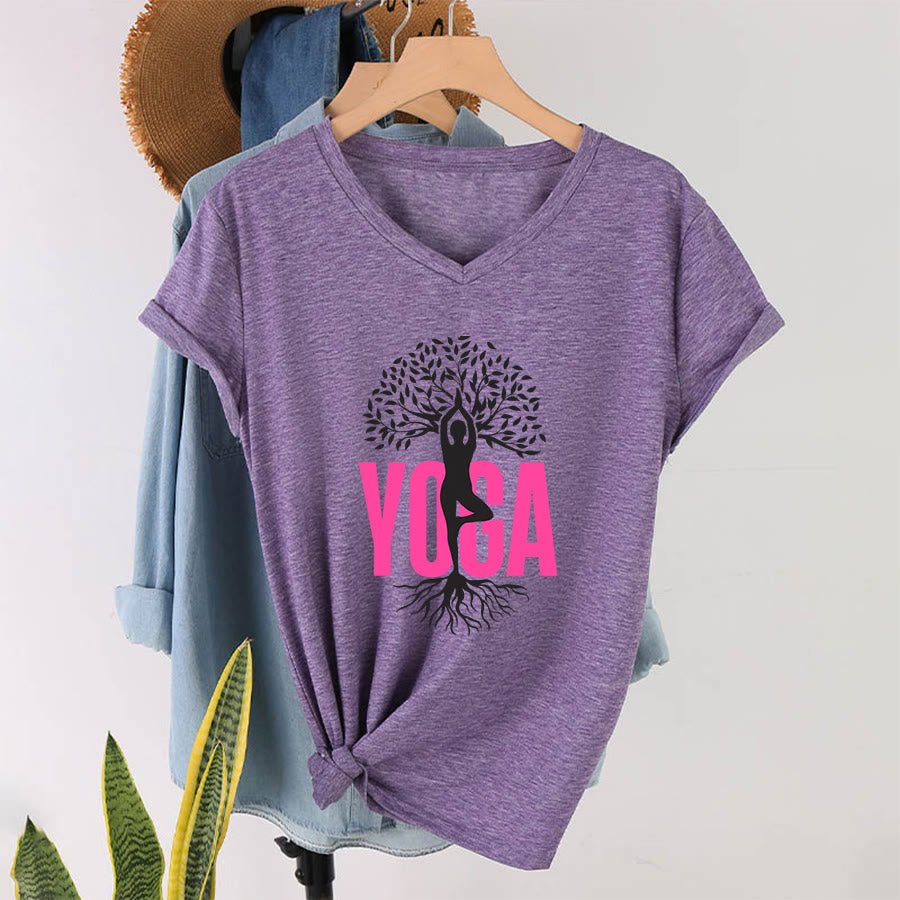 Olivenorma Yoga Figure Tree Of Life Bold Text Graphic Women's V Neck T-Shirt - Purple - 2XL - image 37