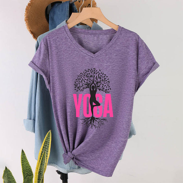 Olivenorma Yoga Figure Tree Of Life Bold Text Graphic Women's V Neck T-Shirt - Purple - 2XL - image 37