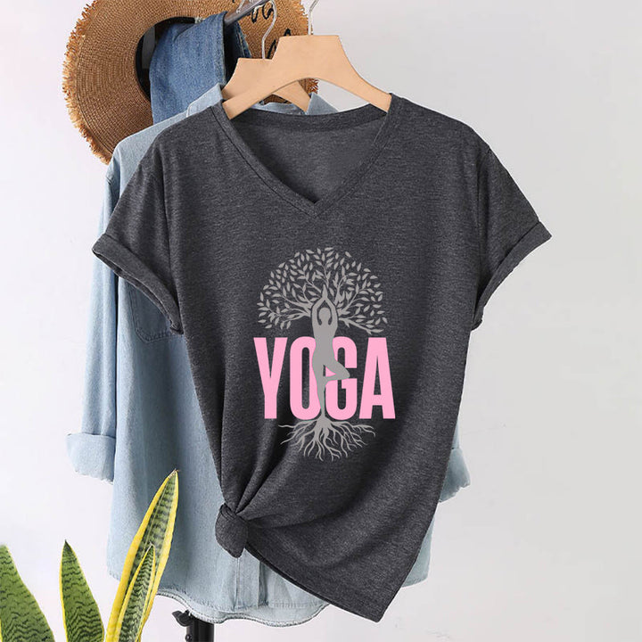 Olivenorma Yoga Figure Tree Of Life Bold Text Graphic Women's V Neck T-Shirt - Gray - 2XL - image 22