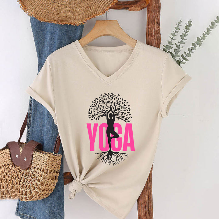 Olivenorma Yoga Figure Tree Of Life Bold Text Graphic Women's V Neck T-Shirt - Khaki - 2XL - image 10