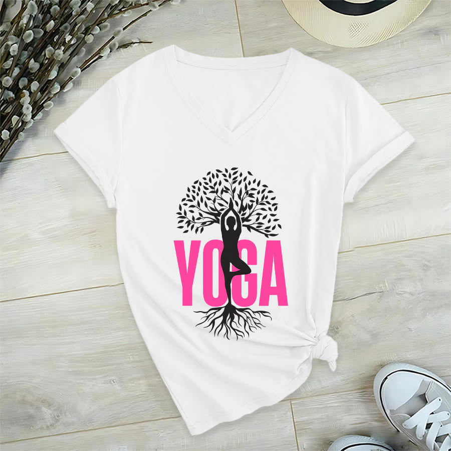 Olivenorma Yoga Figure Tree Of Life Bold Text Graphic Women's V Neck T-Shirt - image 0