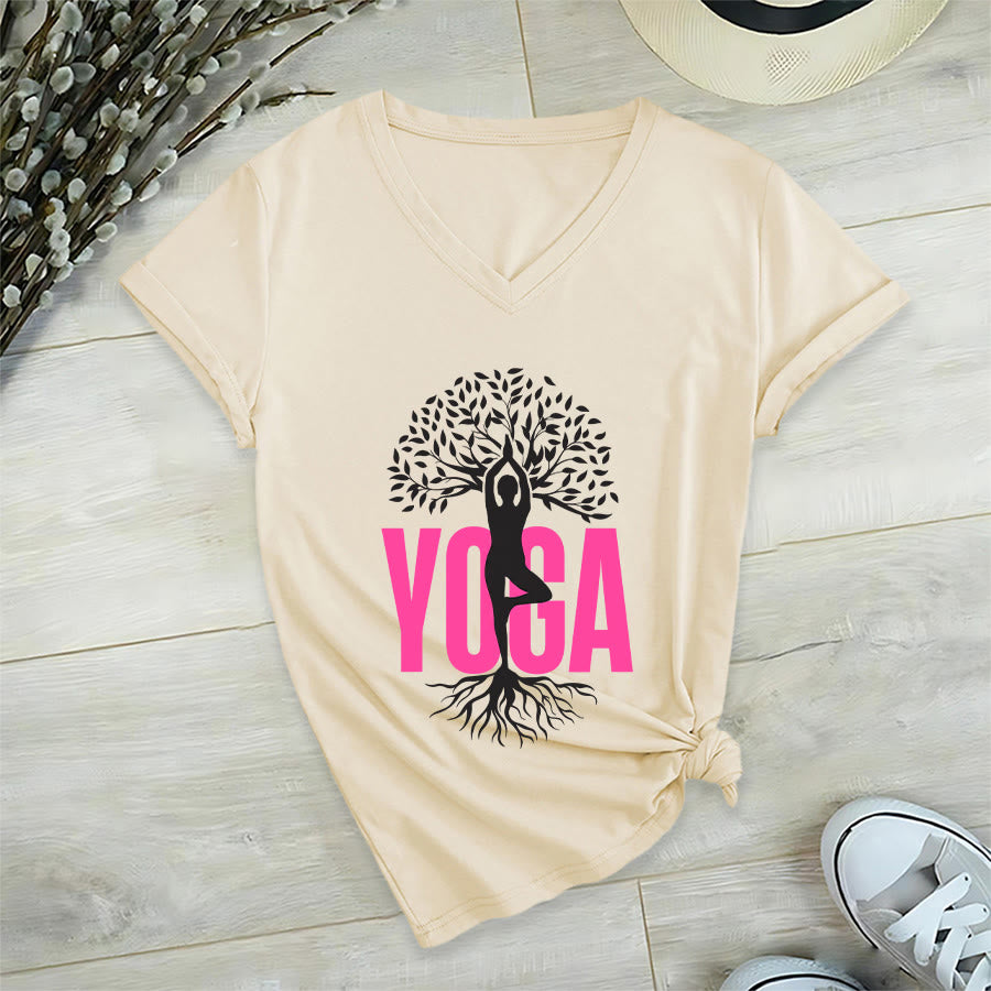 Olivenorma Yoga Figure Tree Of Life Bold Text Graphic Women's V Neck T-Shirt - image 9