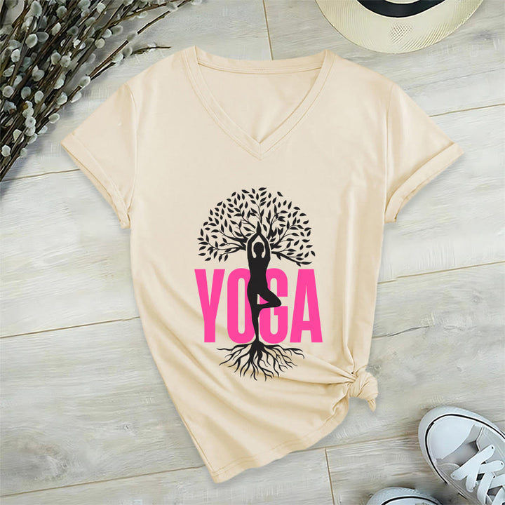 Olivenorma Yoga Figure Tree Of Life Bold Text Graphic Women's V Neck T-Shirt - image 9