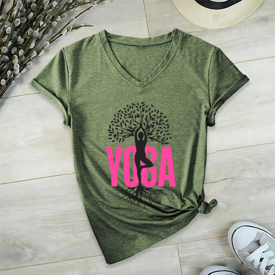 Olivenorma Yoga Figure Tree Of Life Bold Text Graphic Women's V Neck T-Shirt - image 6
