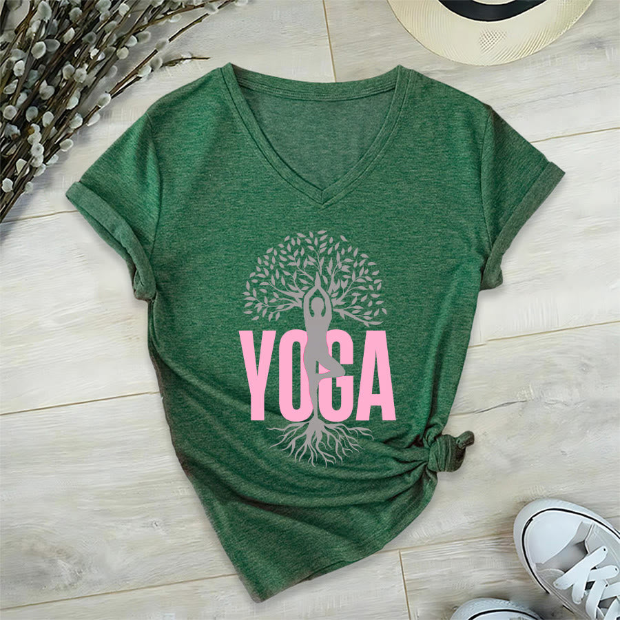 Olivenorma Yoga Figure Tree Of Life Bold Text Graphic Women's V Neck T-Shirt - image 3