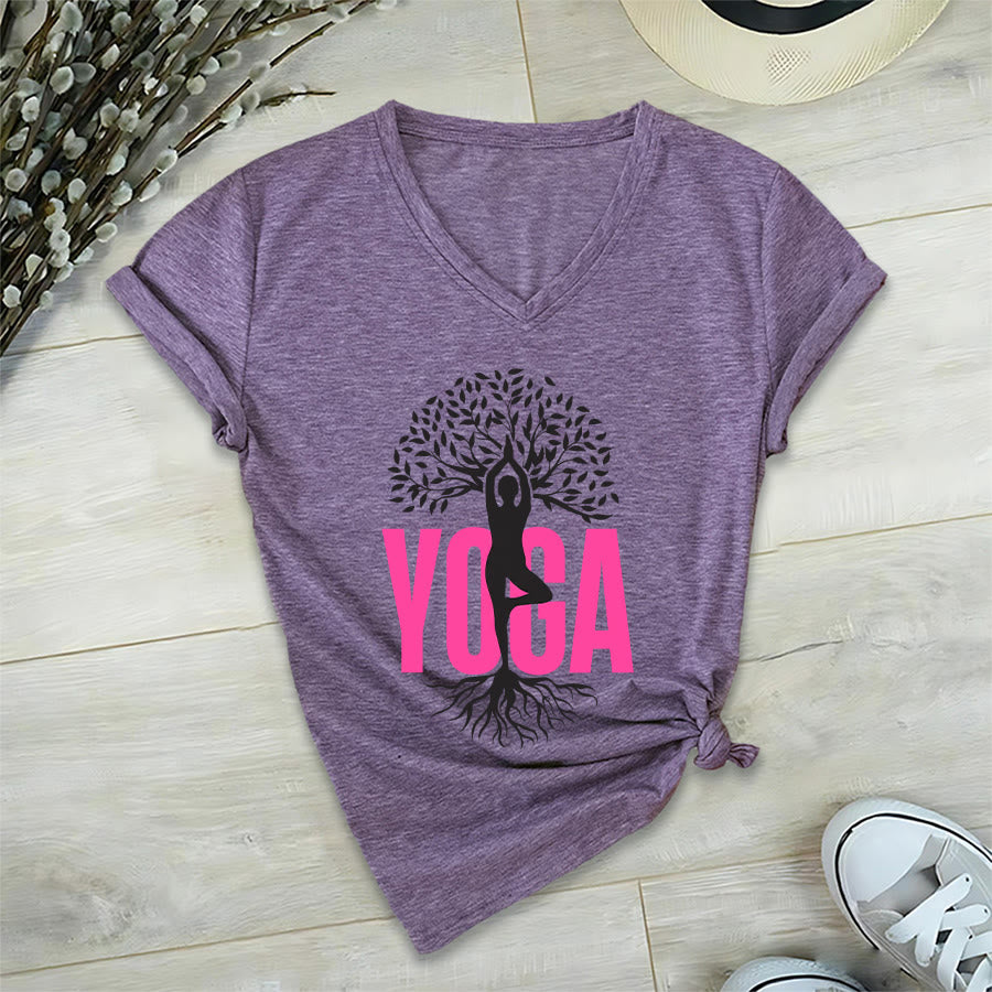 Olivenorma Yoga Figure Tree Of Life Bold Text Graphic Women's V Neck T-Shirt - image 36