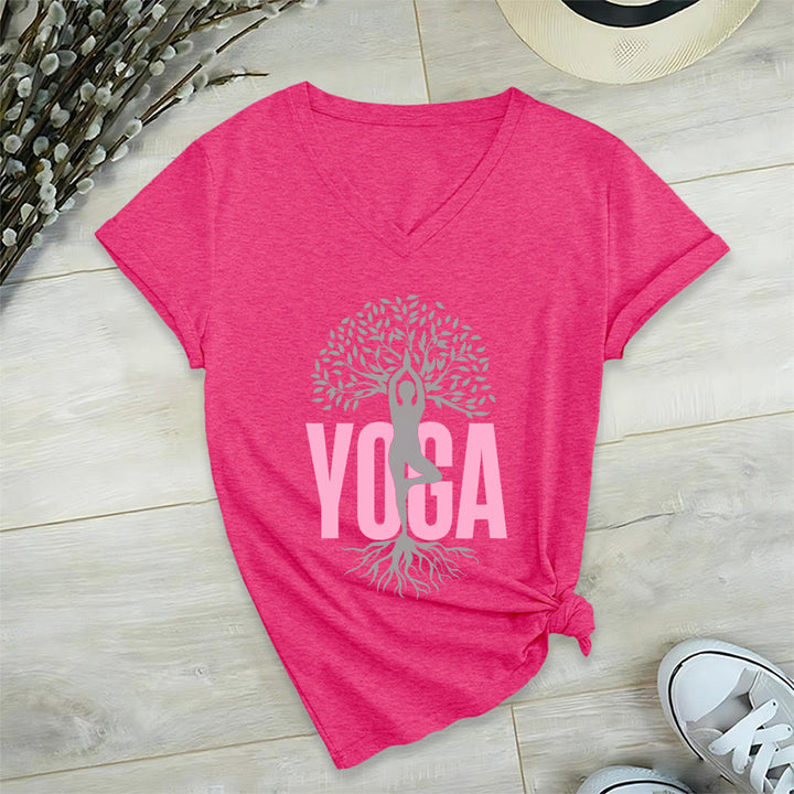 Olivenorma Yoga Figure Tree Of Life Bold Text Graphic Women's V Neck T-Shirt - image 33