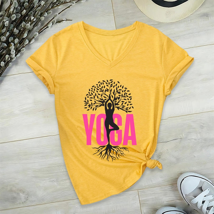 Olivenorma Yoga Figure Tree Of Life Bold Text Graphic Women's V Neck T-Shirt - image 30