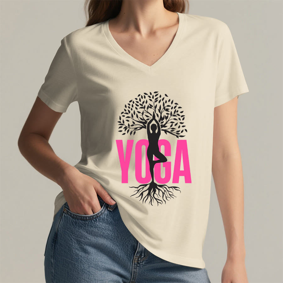 Olivenorma Yoga Figure Tree Of Life Bold Text Graphic Women's V Neck T-Shirt - image 11