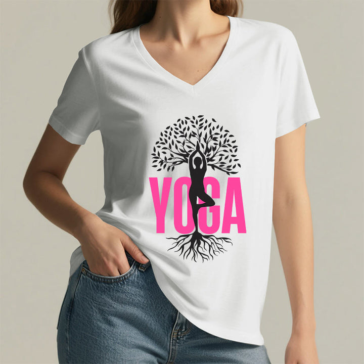 Olivenorma Yoga Figure Tree Of Life Bold Text Graphic Women's V Neck T-Shirt - image 2