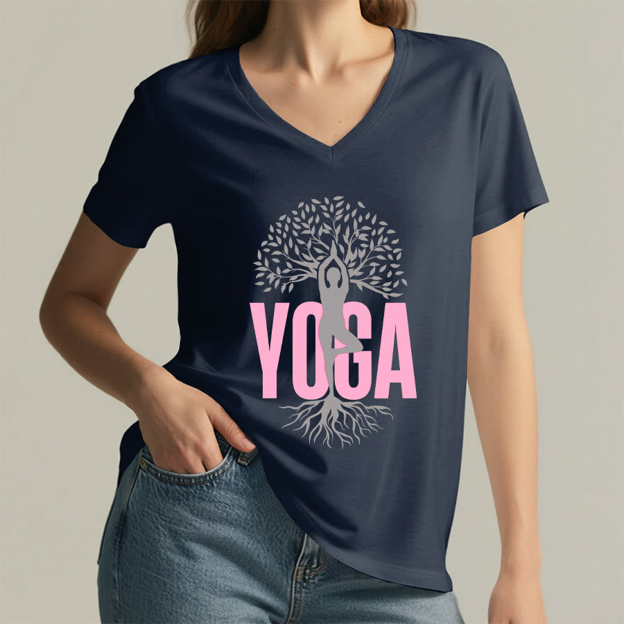 Olivenorma Yoga Figure Tree Of Life Bold Text Graphic Women's V Neck T-Shirt - image 26