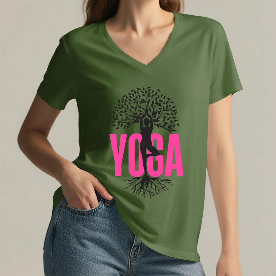 Olivenorma Yoga Figure Tree Of Life Bold Text Graphic Women's V Neck T-Shirt - image 8