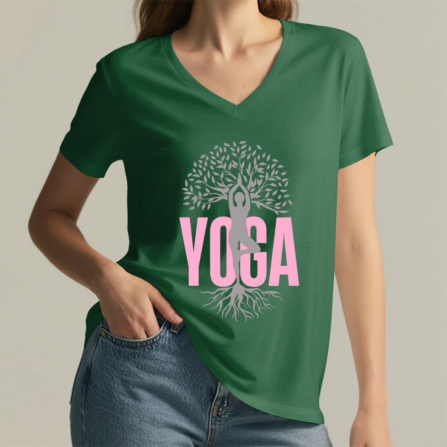 Olivenorma Yoga Figure Tree Of Life Bold Text Graphic Women's V Neck T-Shirt - image 5