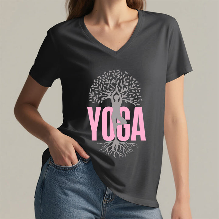 Olivenorma Yoga Figure Tree Of Life Bold Text Graphic Women's V Neck T-Shirt - image 23