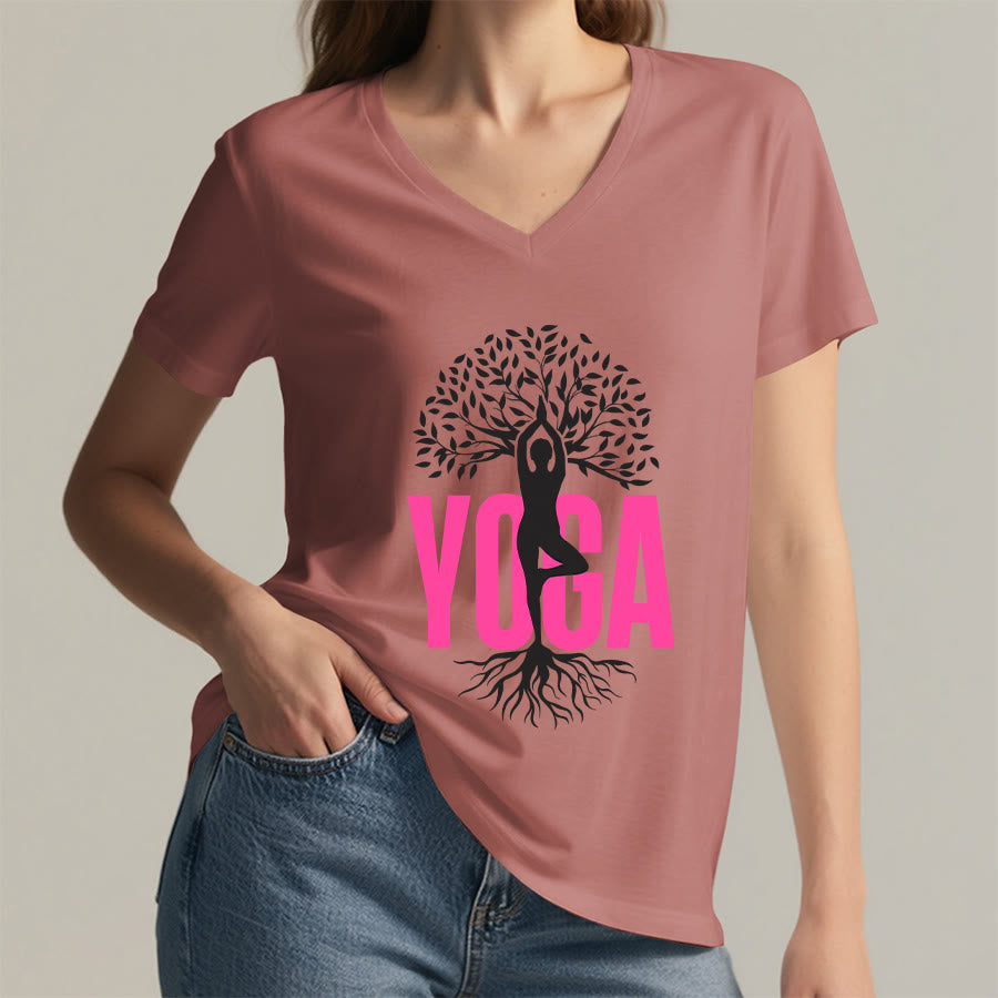 Olivenorma Yoga Figure Tree Of Life Bold Text Graphic Women's V Neck T-Shirt - image 14