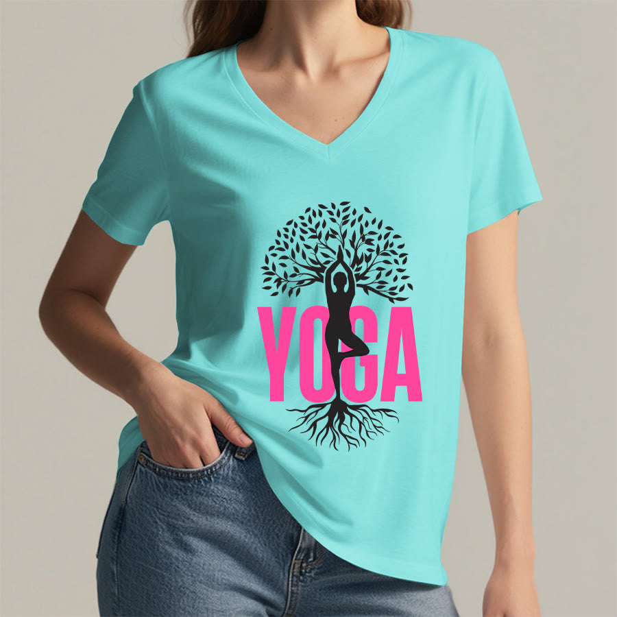 Olivenorma Yoga Figure Tree Of Life Bold Text Graphic Women's V Neck T-Shirt - image 17