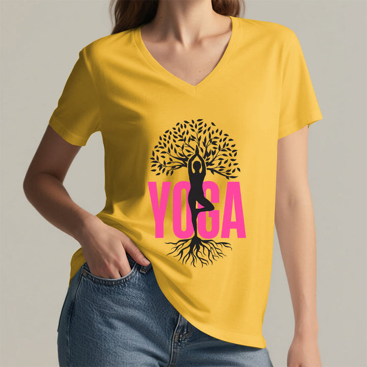 Olivenorma Yoga Figure Tree Of Life Bold Text Graphic Women's V Neck T-Shirt - image 32